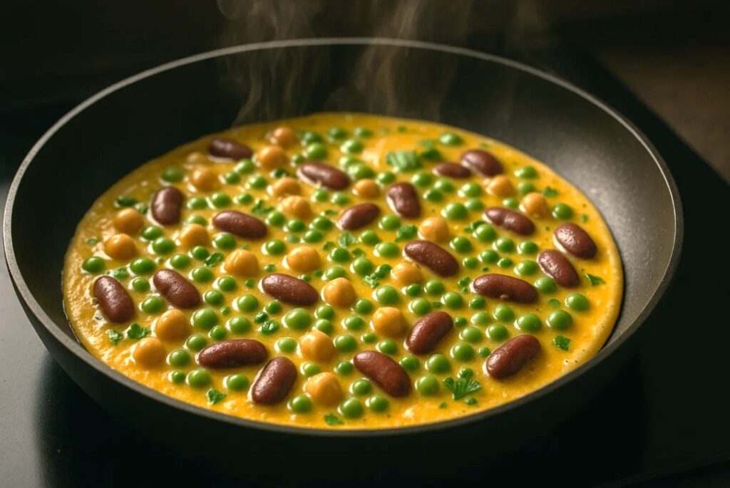 Omelet med bælgfrugter på panden under tilberedning